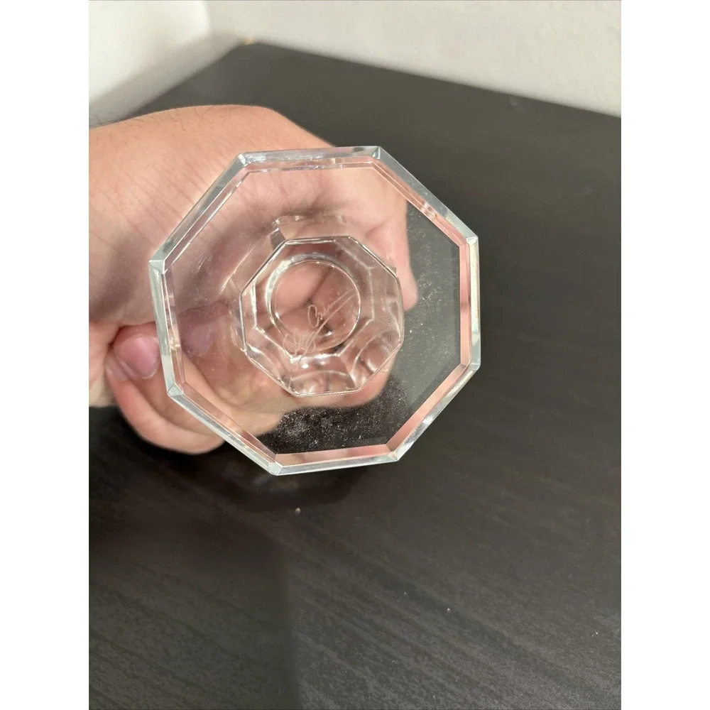 Signed Oleg Cassini Set of 2 Crystal Candle Holders Clear Hexagon